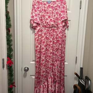 Draper James RSVP Flutter Sleeve Wrap Maxi Dress Pink Floral 1X